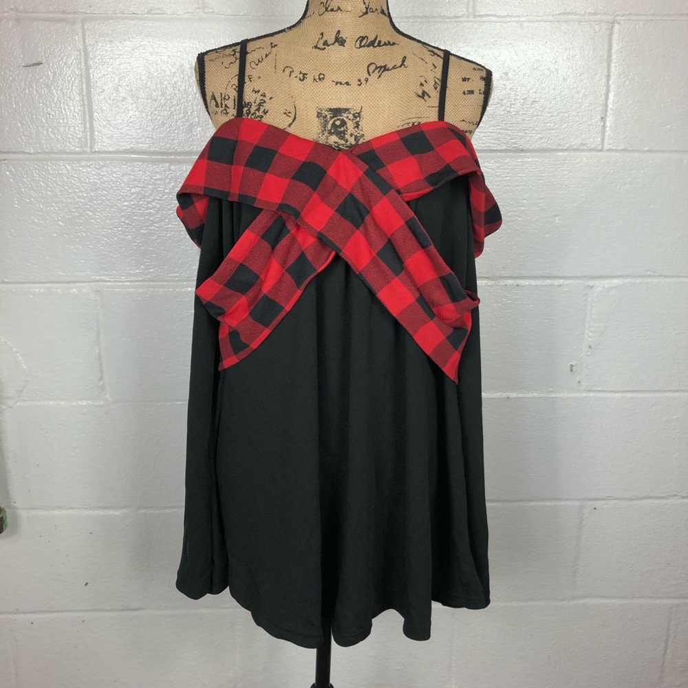 Rosegal Off Shoulder Top Black Red Plaid 1X NWOT